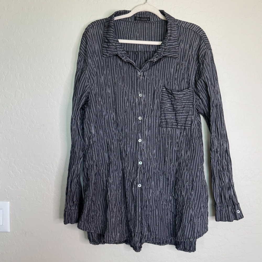 Cut Loose Cotton Button Up Shirt XL Black Crinkle Textured Plaid Lagenlook Boho